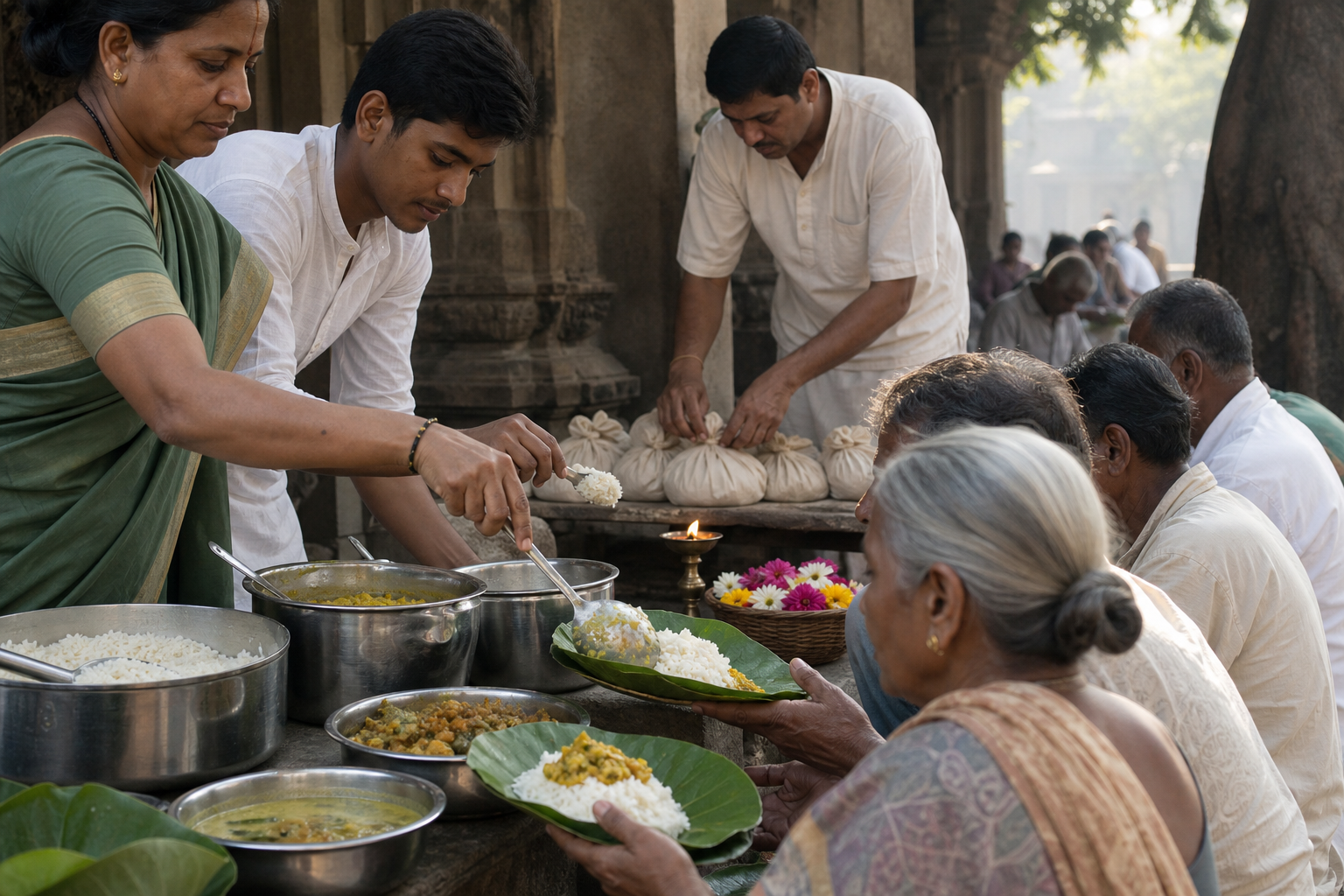 Volunteers serve a simple vegetarian meal on leaf plates and prepare bundles of staple foods for people gathered near a temple kitchen.