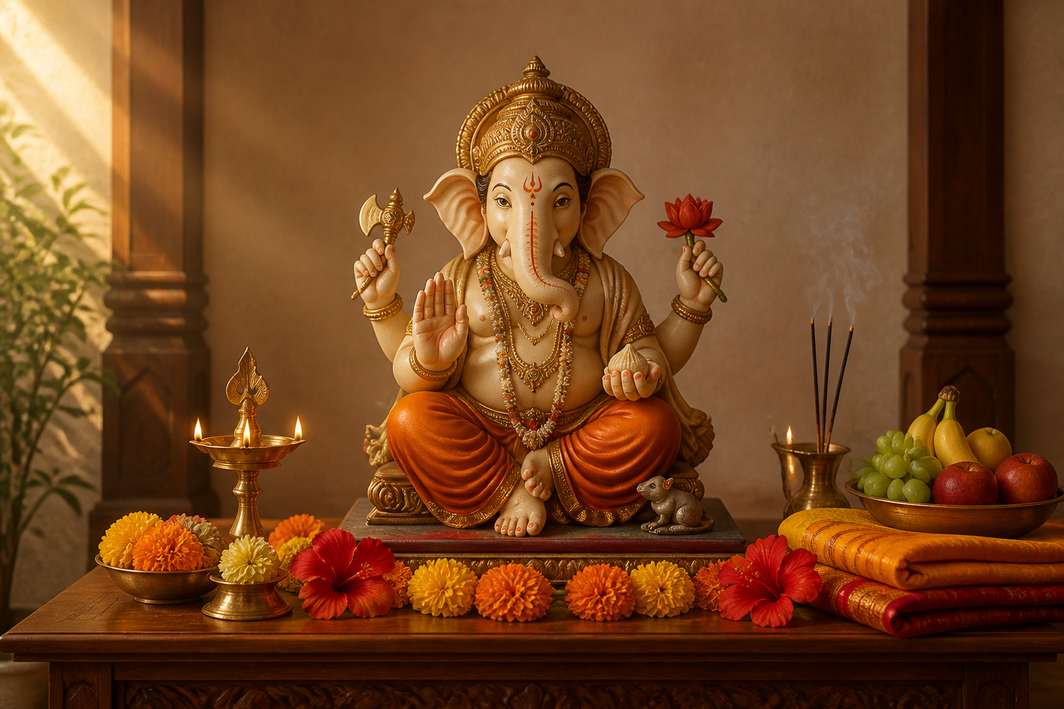 A Ganesha murti on a raised home altar with flowers, fruit, incense, and a glowing brass oil lamp.