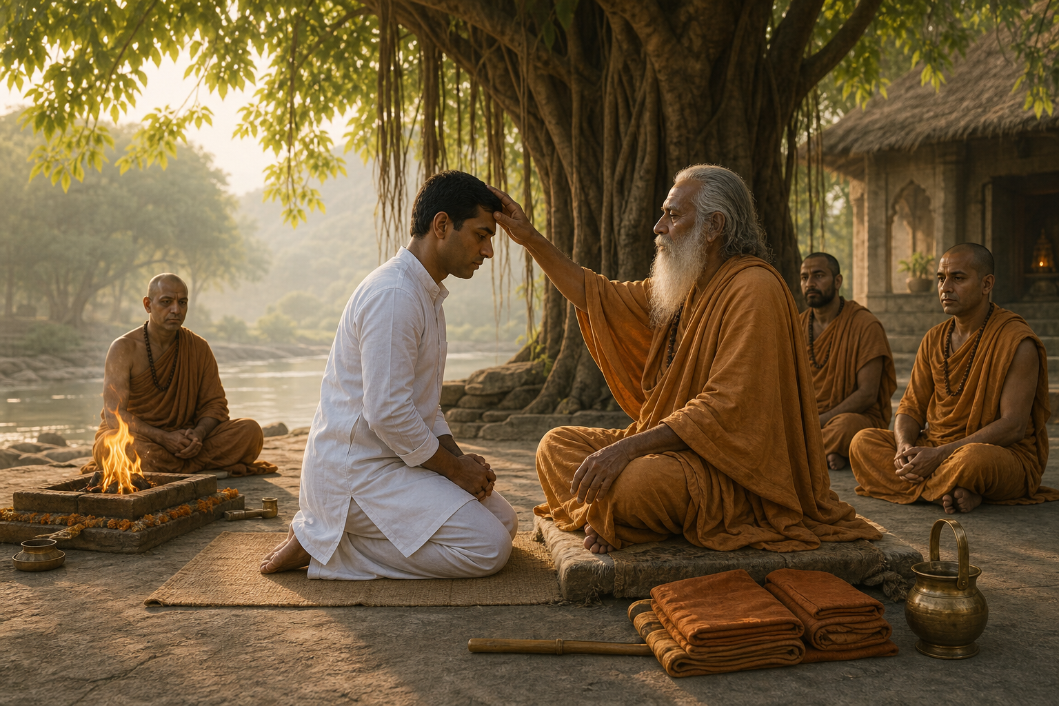 An adult initiate receives guidance from a teacher beside folded ochre robes, a staff, a water vessel, and a small ceremonial fire at an ashram.