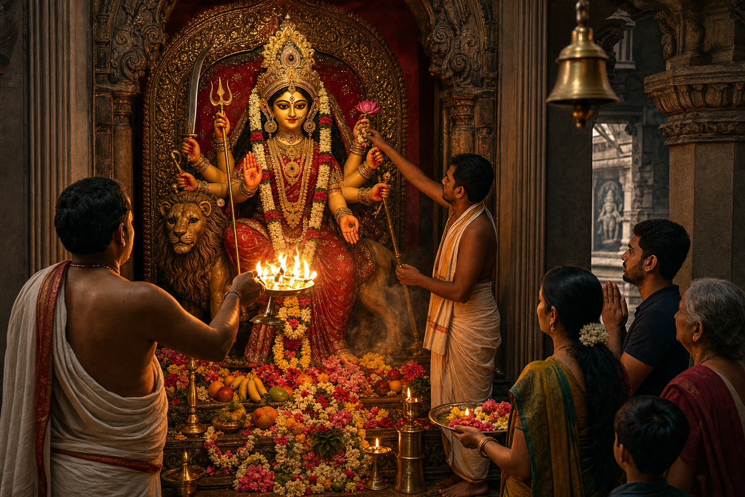 A priest performs arati as devotees offer flowers before an adorned goddess amid lamps, incense, bells, and offerings.