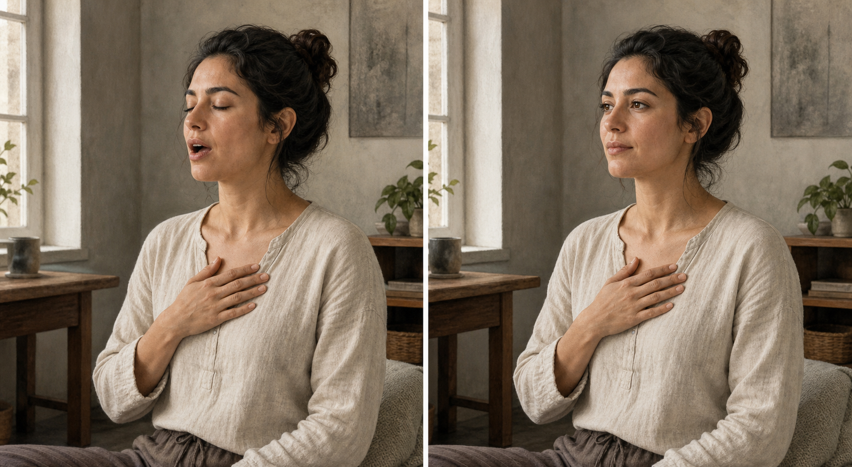 Two adjacent views show the same seated adult first vocalizing softly and then pausing with a hand on the chest to observe quietly.