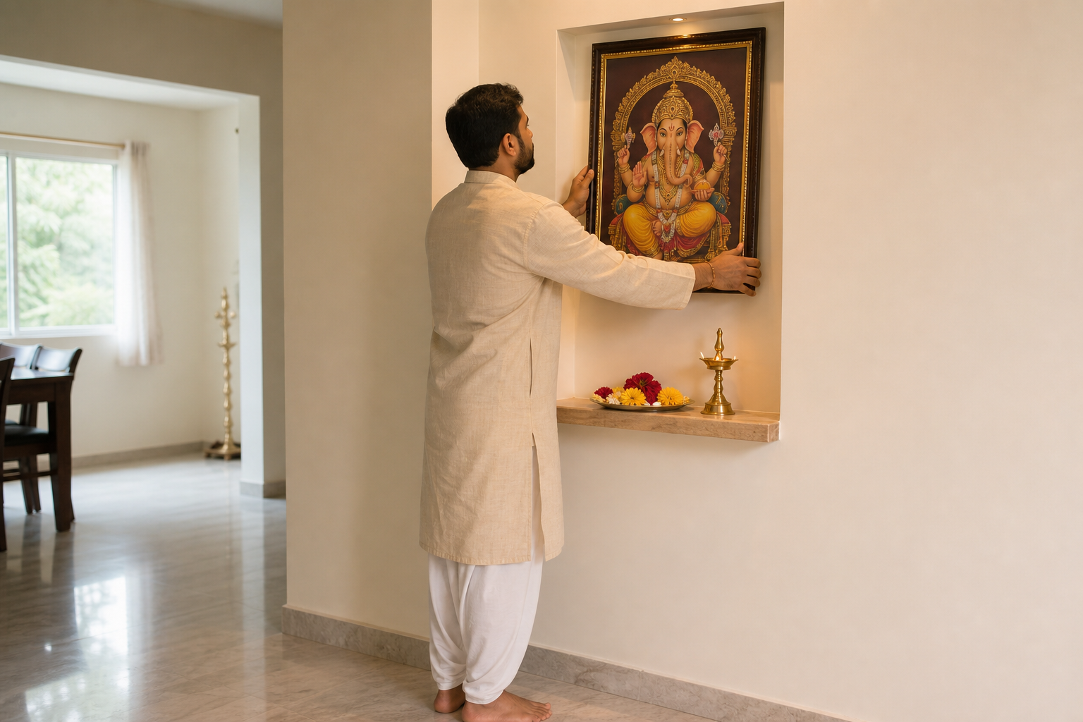A devotee carefully places a framed Ganesha image in a clean elevated wall niche above a small devotional shelf.