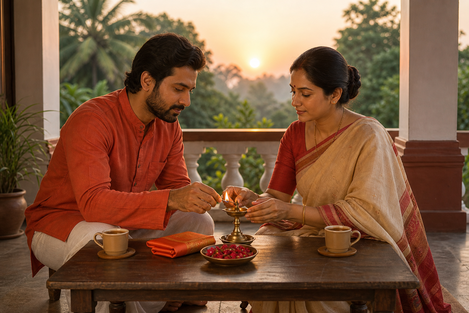 An Indian couple calmly lights a small brass oil lamp together on a home veranda at dawn.
