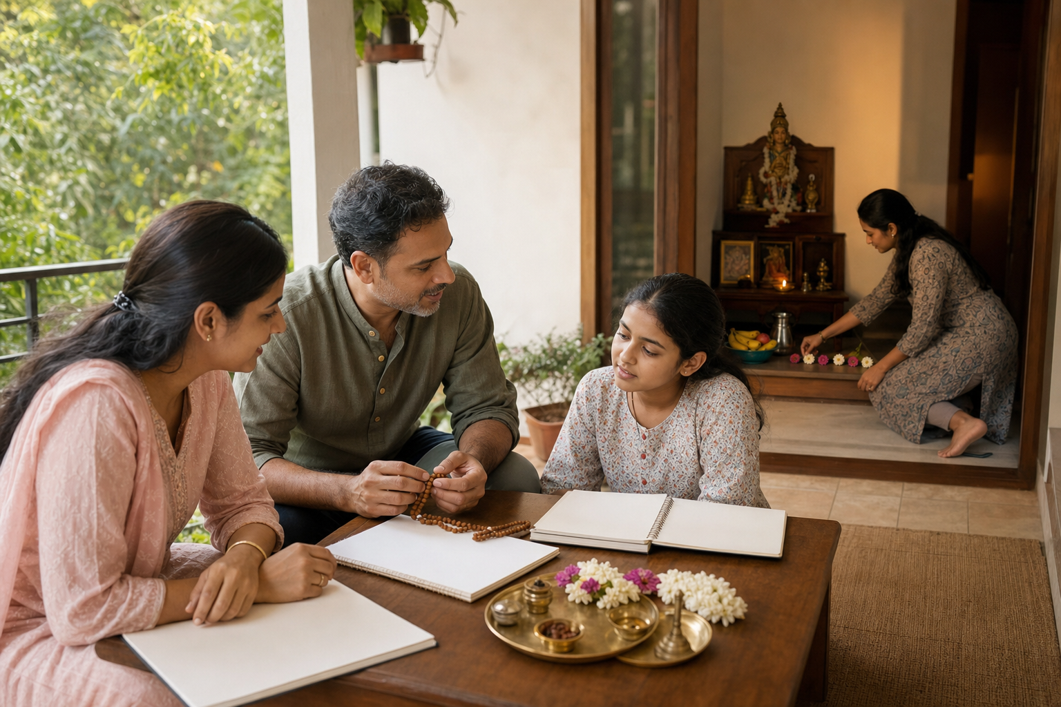 A family on a veranda prepares study materials in the foreground while arranging flowers and offerings for later worship.