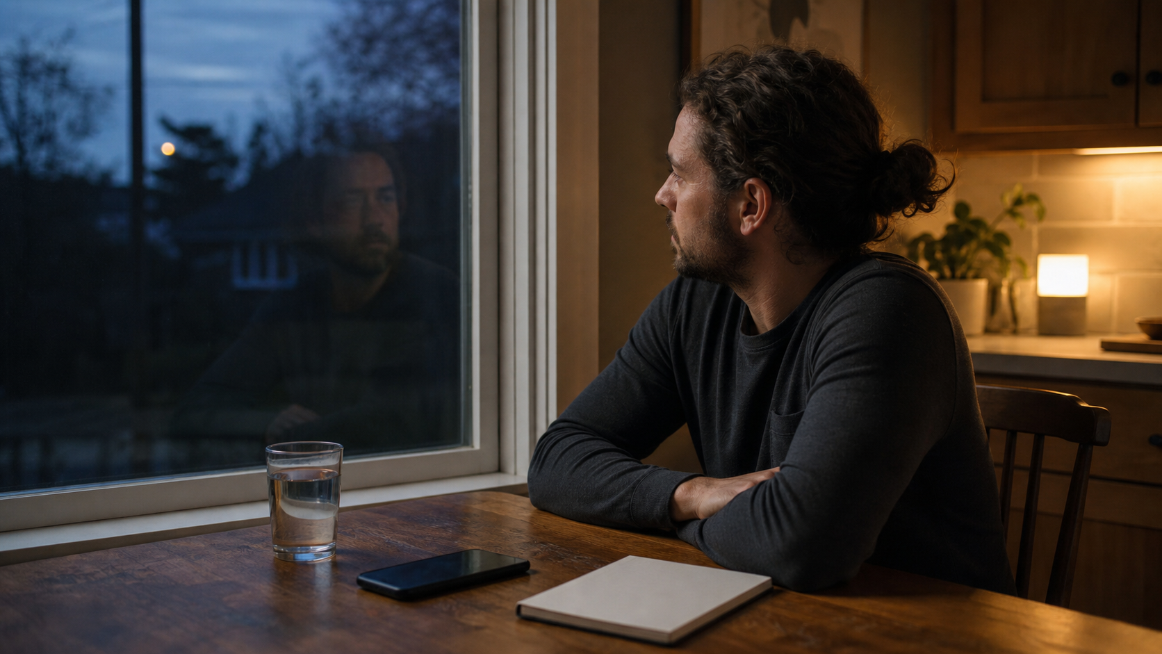 An adult sits quietly at a kitchen table before sunrise with a glass of water, a closed phone, and a blank notebook.