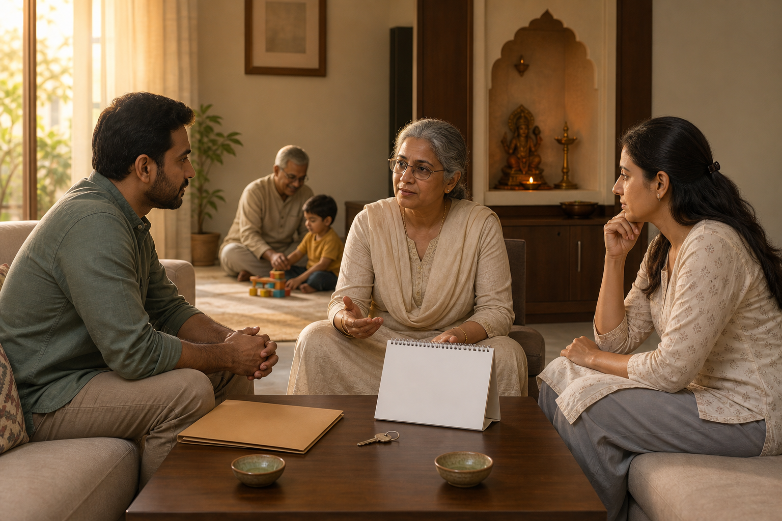 Two adults discuss separation with an older mediator while a child sits safely with a grandparent in the background of a calm home.