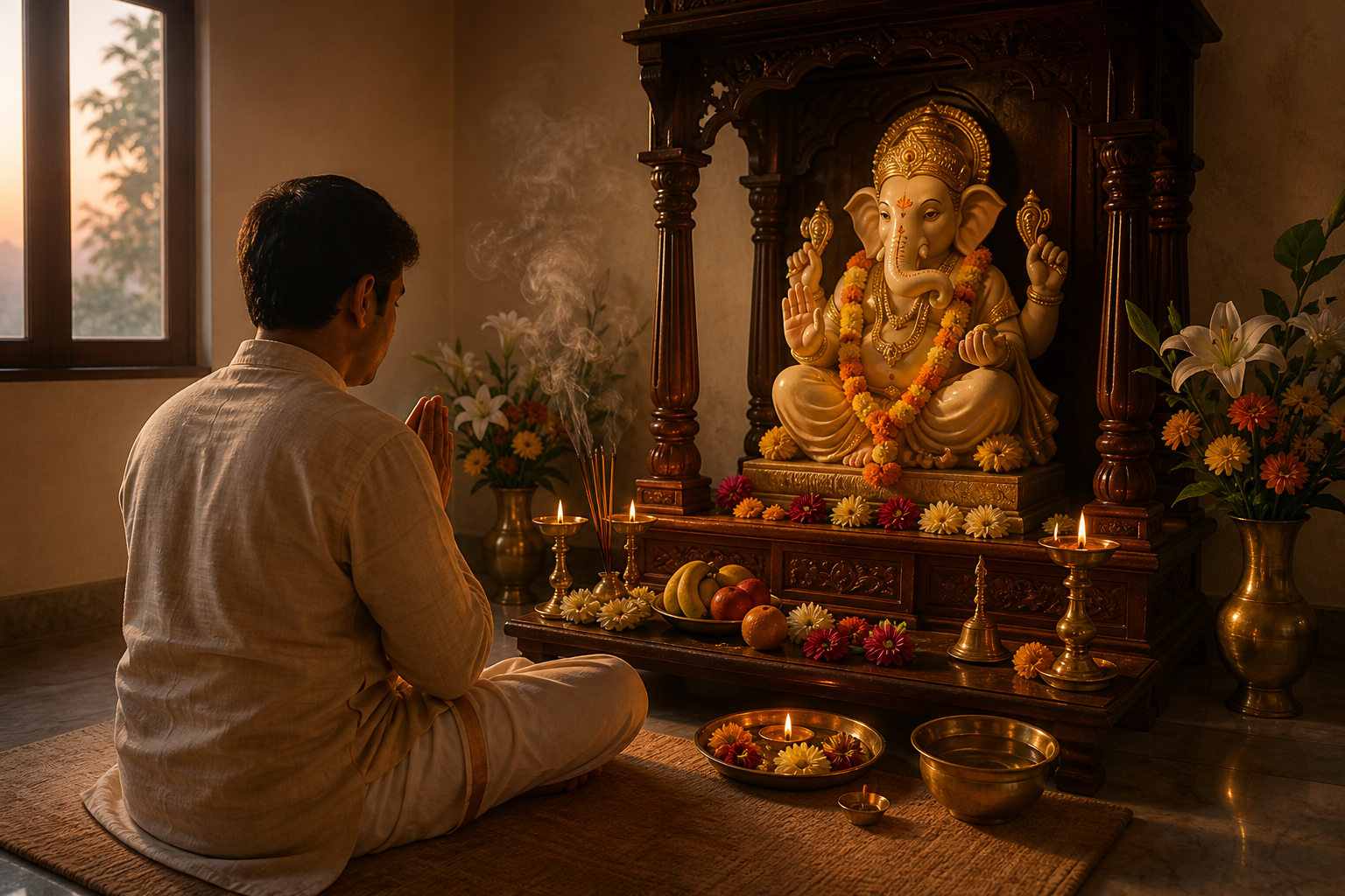 A seated devotee prays before a raised Ganesha shrine with a lamp, flowers, fruit, incense, and ritual items.