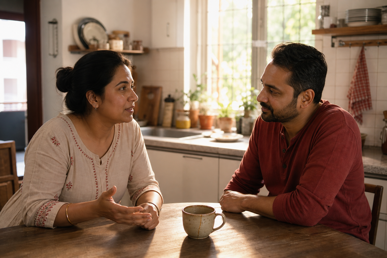 A couple speaks calmly and listens to each other across a kitchen table with a repaired ceramic cup between them.