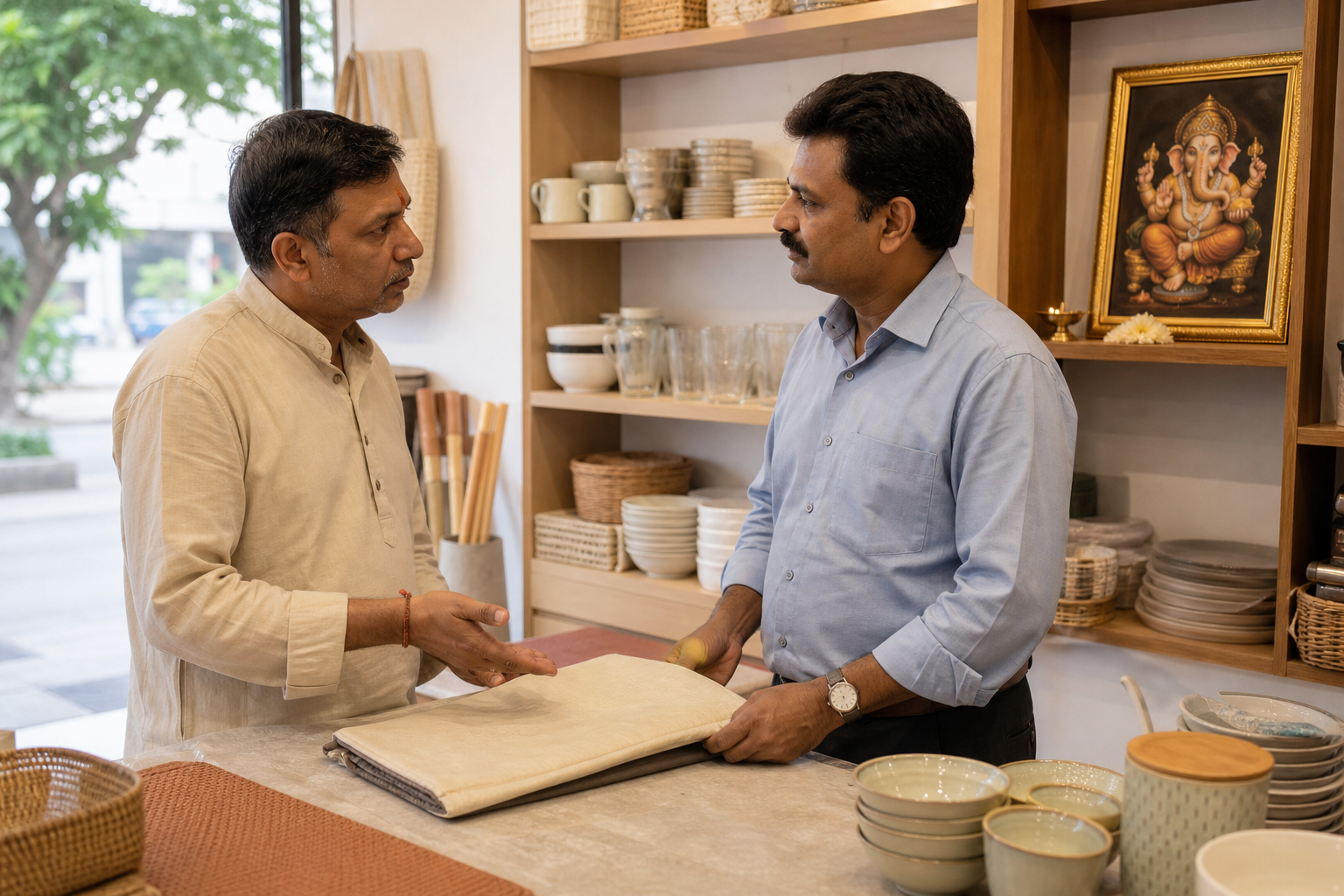 A devotee and shopkeeper have a calm discussion beside a covered household product, with a framed Ganesha image on an elevated shelf.