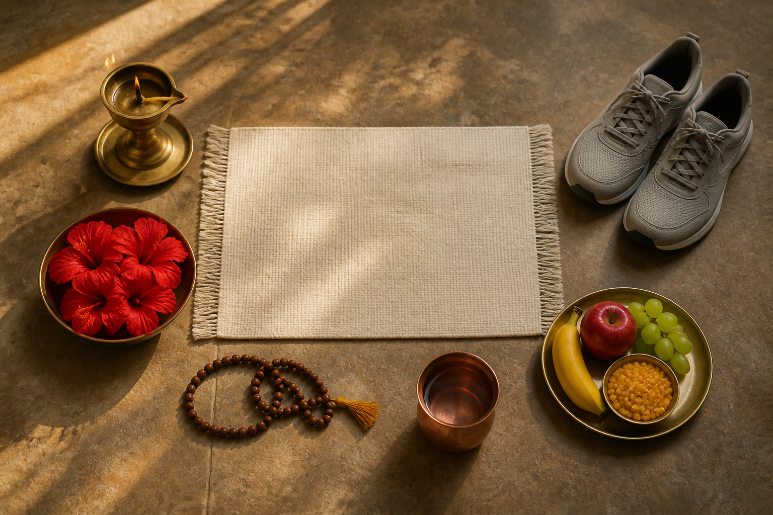 A brass lamp, red flowers, prayer beads, water, food, and walking shoes are arranged for a simple Tuesday routine.