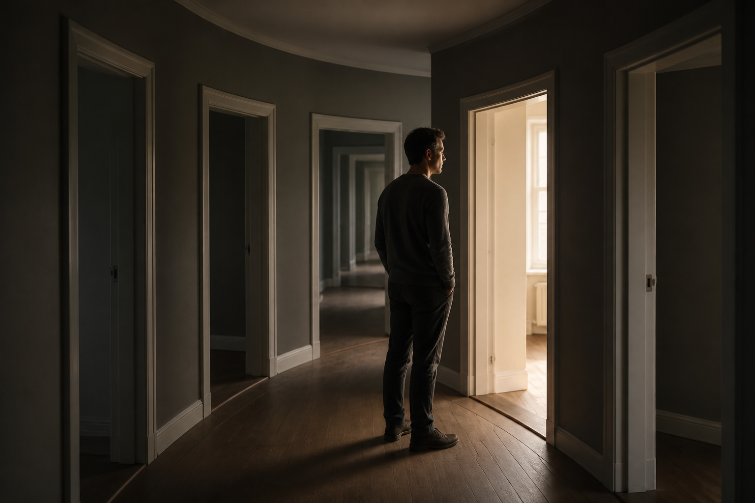 An adult pauses in a dim hallway of repeating doorways while one doorway ahead is lit by morning light.