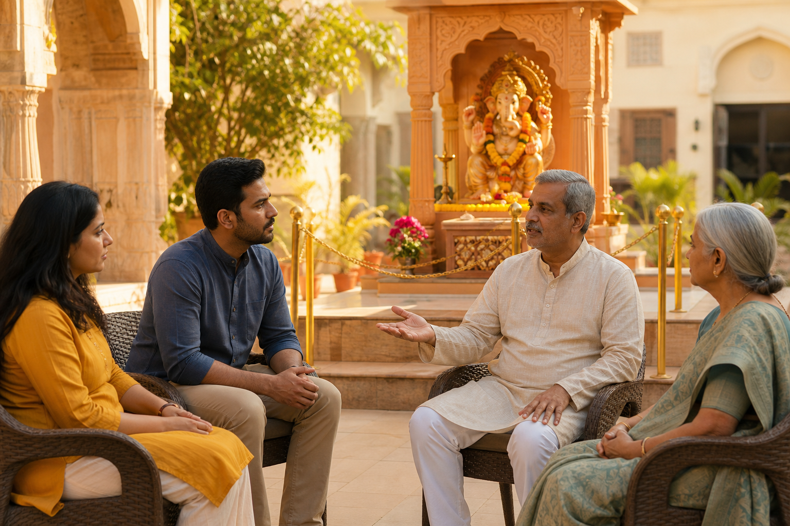 Four adults hold a calm discussion in a temple courtyard near an elevated Ganesha shrine decorated with flowers.