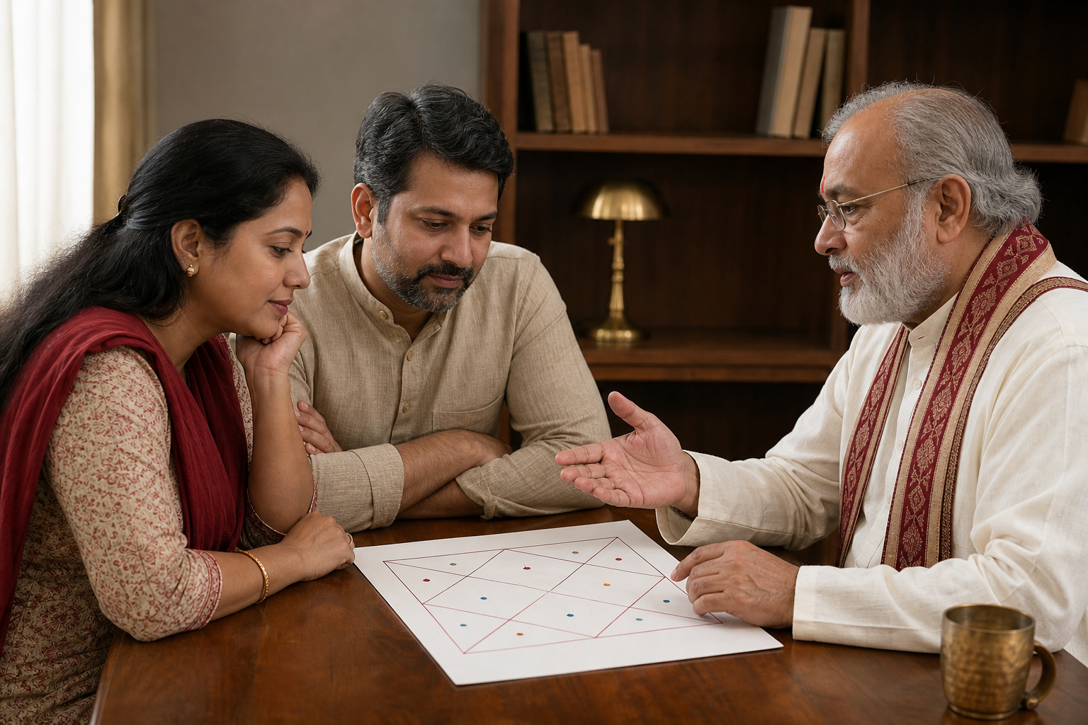 A couple consults a traditional astrology practitioner while reviewing an unlabeled geometric birth chart at a wooden table.