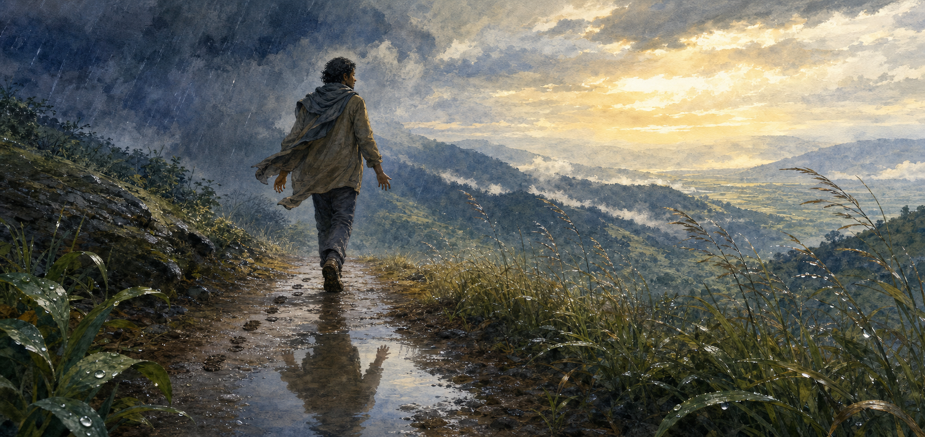 A calm walker follows a wet mountain path through wind and retreating storm clouds toward a sunlit valley.