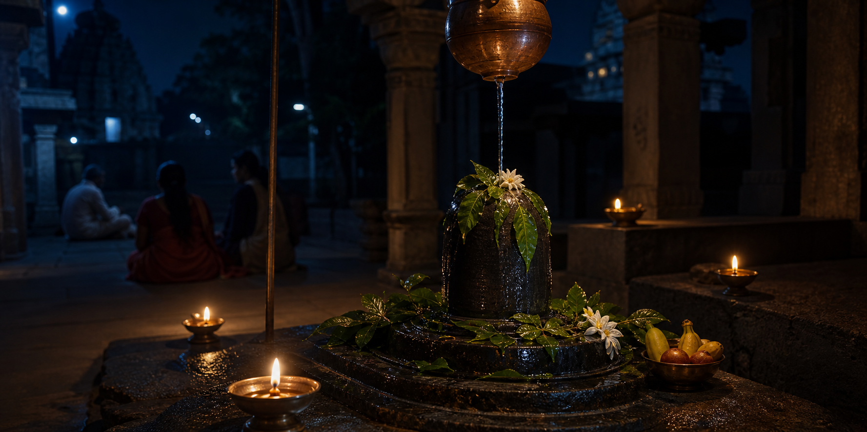 A Shiva lingam decorated with bilva leaves and flowers is illuminated by four oil lamps while devotees keep vigil in a stone temple courtyard at night.