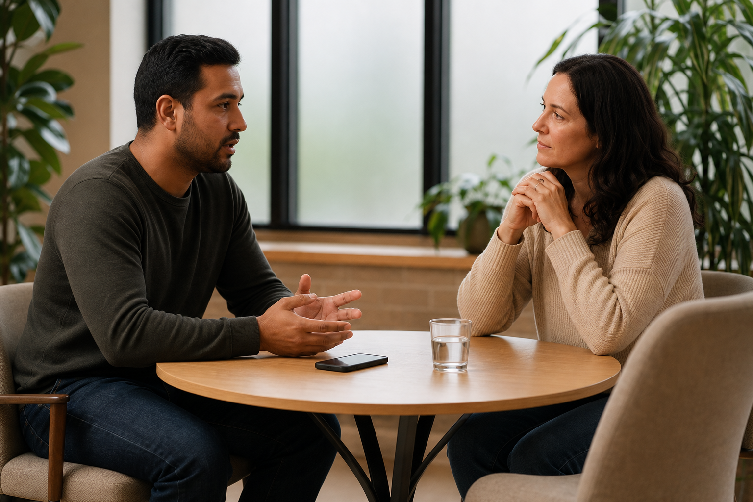 Two adults speak privately across a table in a quiet support room, with an empty chair, a phone, and a glass of water nearby.