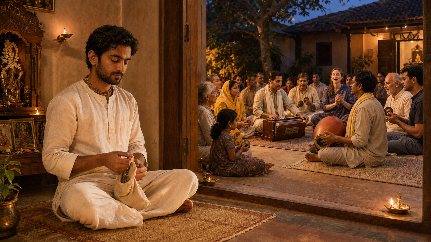 A devotee practices japa with prayer beads near a home shrine while an evening kirtana gathers in the adjoining room.