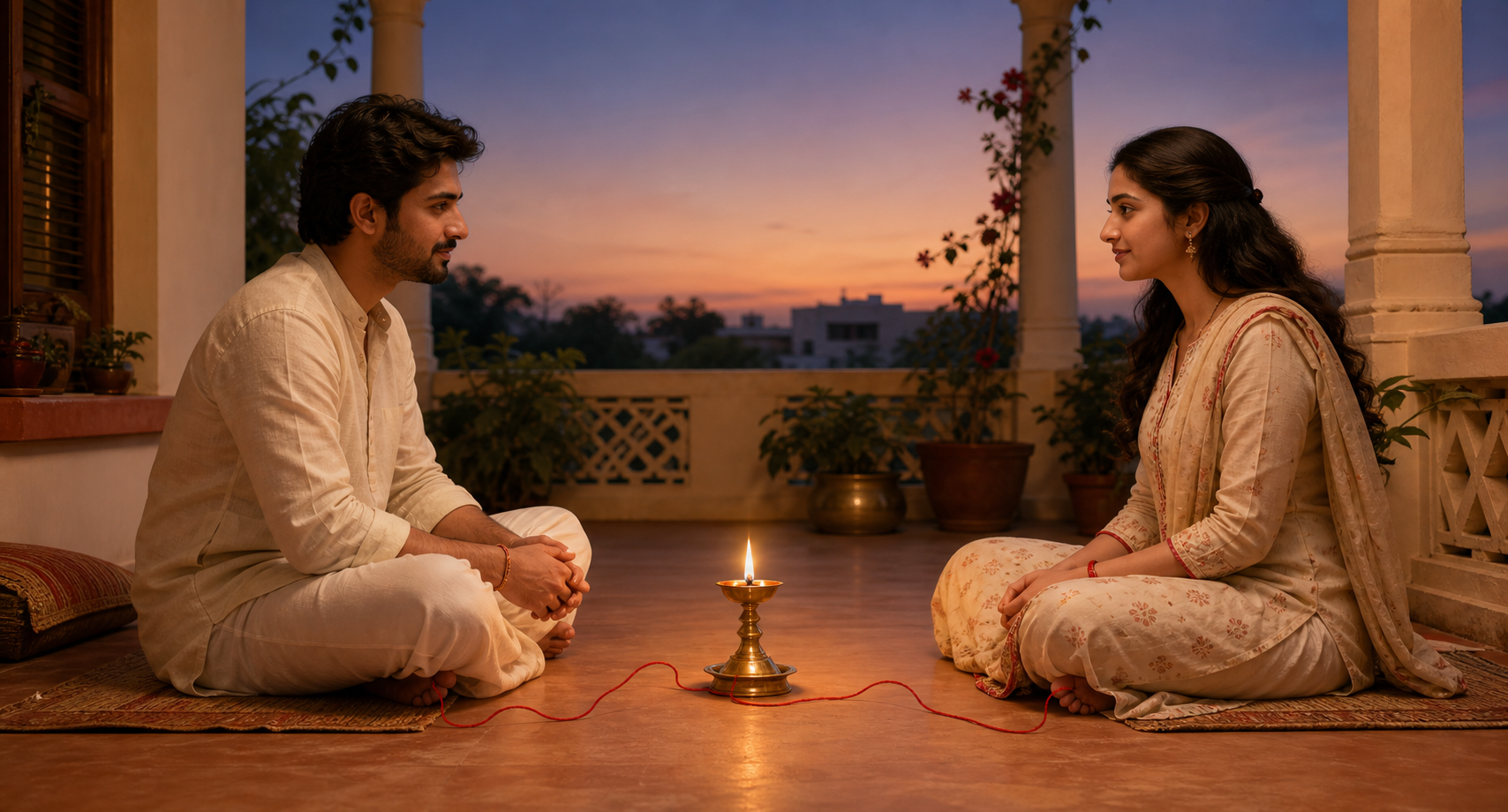 A couple sits facing each other beside a glowing brass lamp, with a loose red thread curving between them.