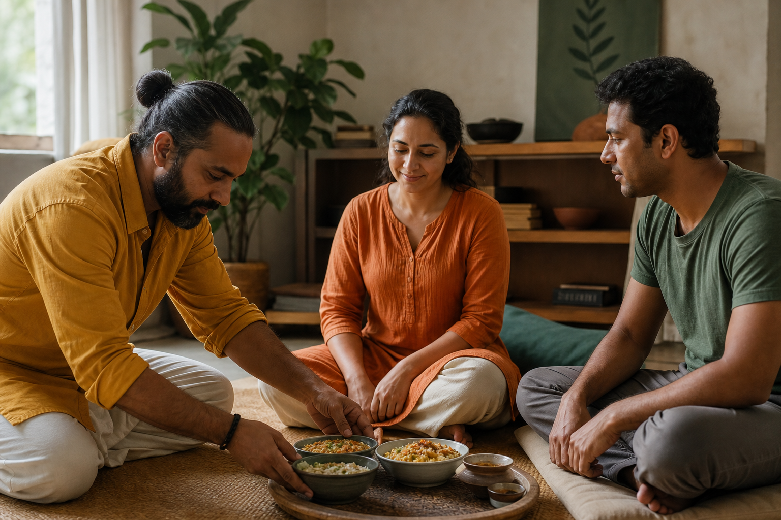 Three adults prepare simple bowls of food together in a calm community space with meditation cushions nearby.