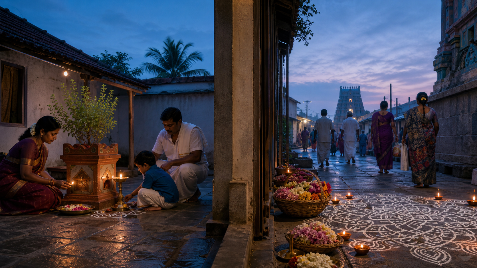 Two separate predawn devotional settings show a tulsi courtyard and a Tamil temple threshold with a kolam.