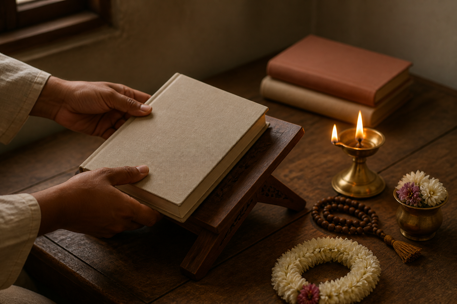 Hands place one plain cloth-bound devotional book on a reading stand beside an oil lamp and prayer beads.