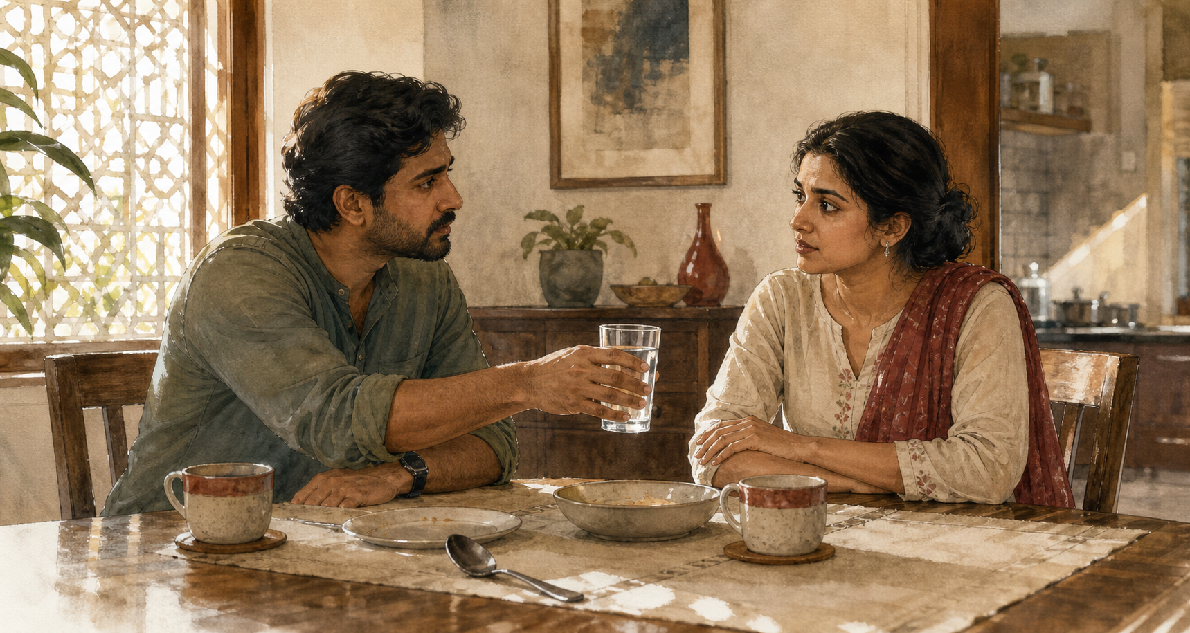 One partner offers a glass of water while the other listens across a dining table after a disagreement.
