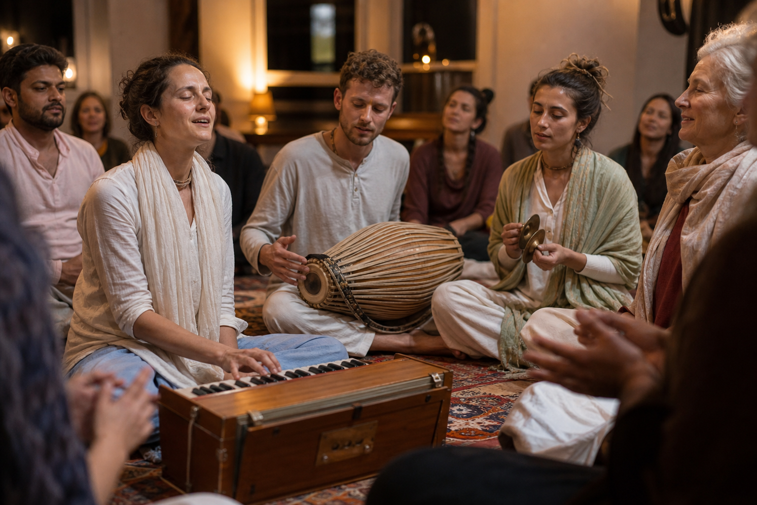 A multigenerational group sits in a circle singing kirtana with harmonium, drum, and hand cymbals.