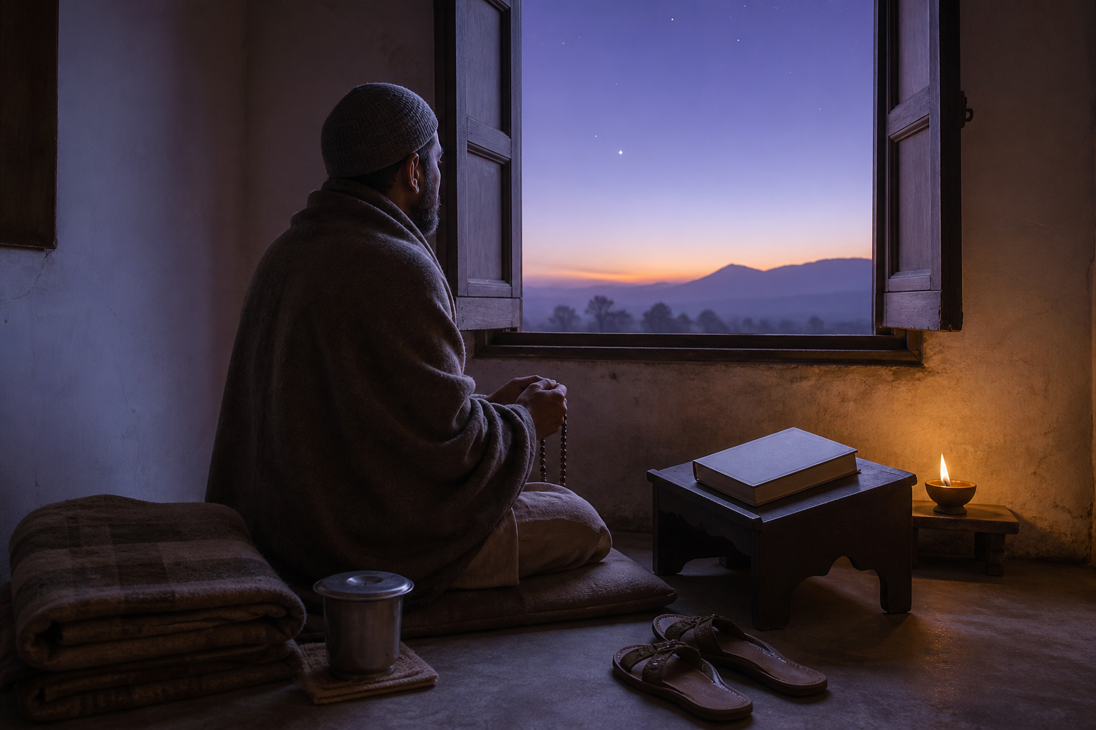 A shawled devotee uses prayer beads beside a book and oil lamp in a quiet room before sunrise.