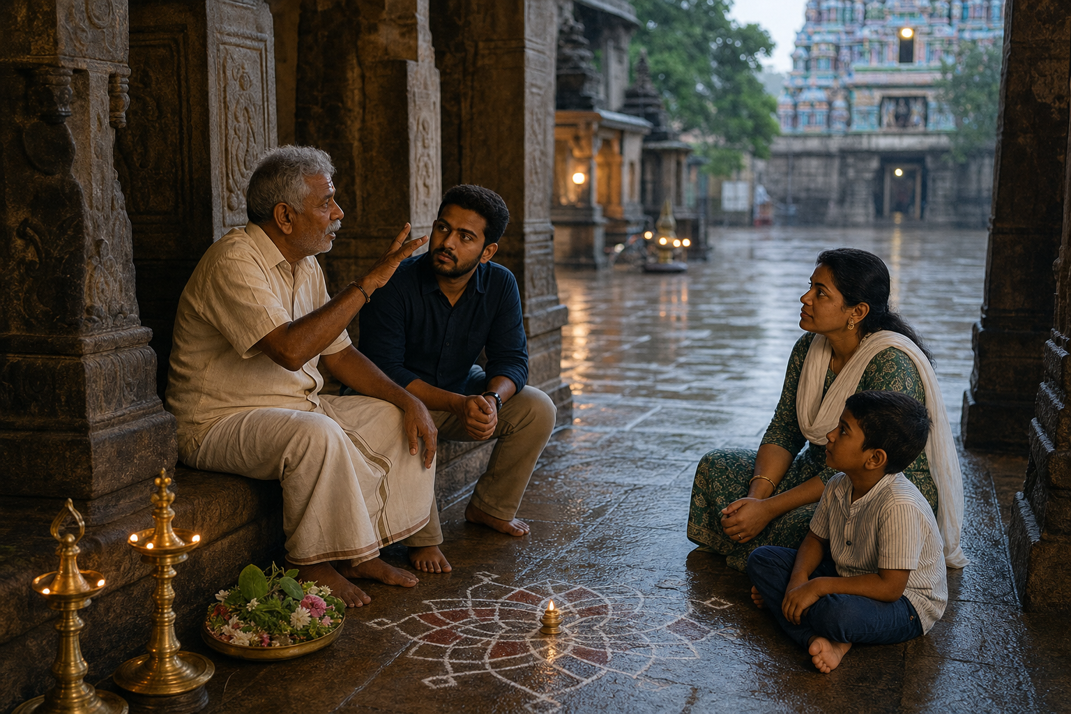 An older Tamil storyteller speaks to adults and a child in a lamp-lit temple corridor beside a rain-washed courtyard and carved stone pillars.