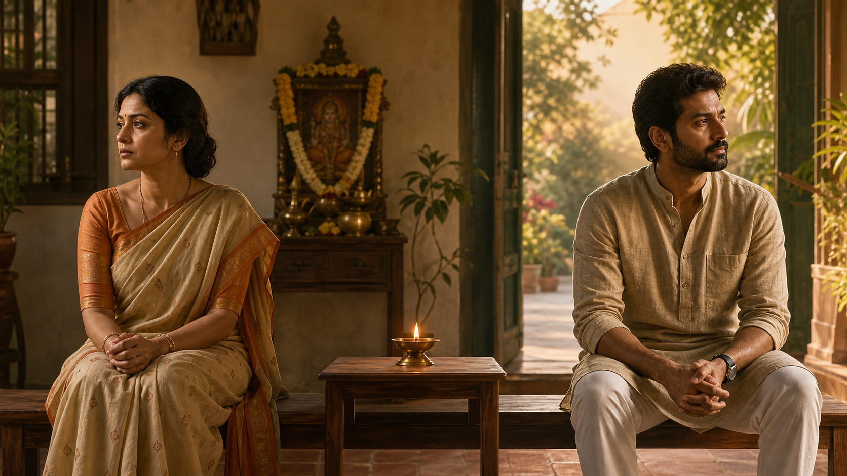 An Indian married couple sits apart in a quiet home courtyard with a lit brass lamp on a table between them.