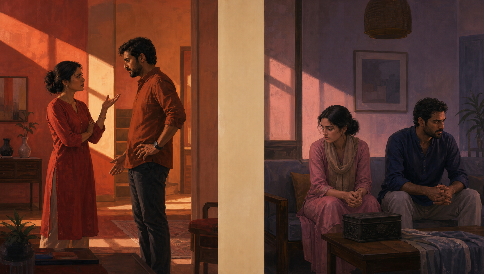 A split scene contrasts a couple in a heated disagreement with another couple sitting cautiously beside a closed keepsake box.