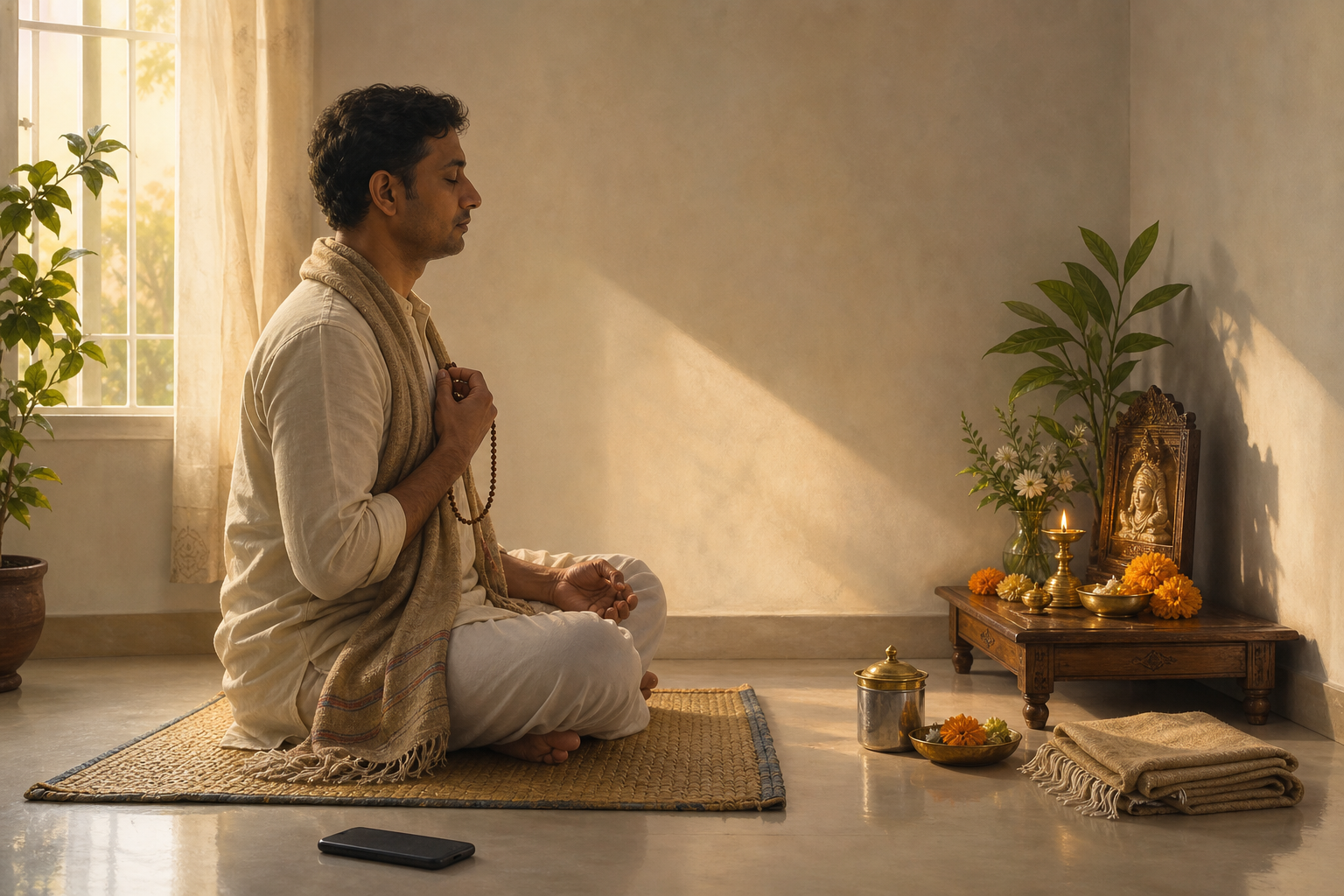 A devotee sits on a woven mat for morning japa beside a small shrine with a lamp and fresh flowers.