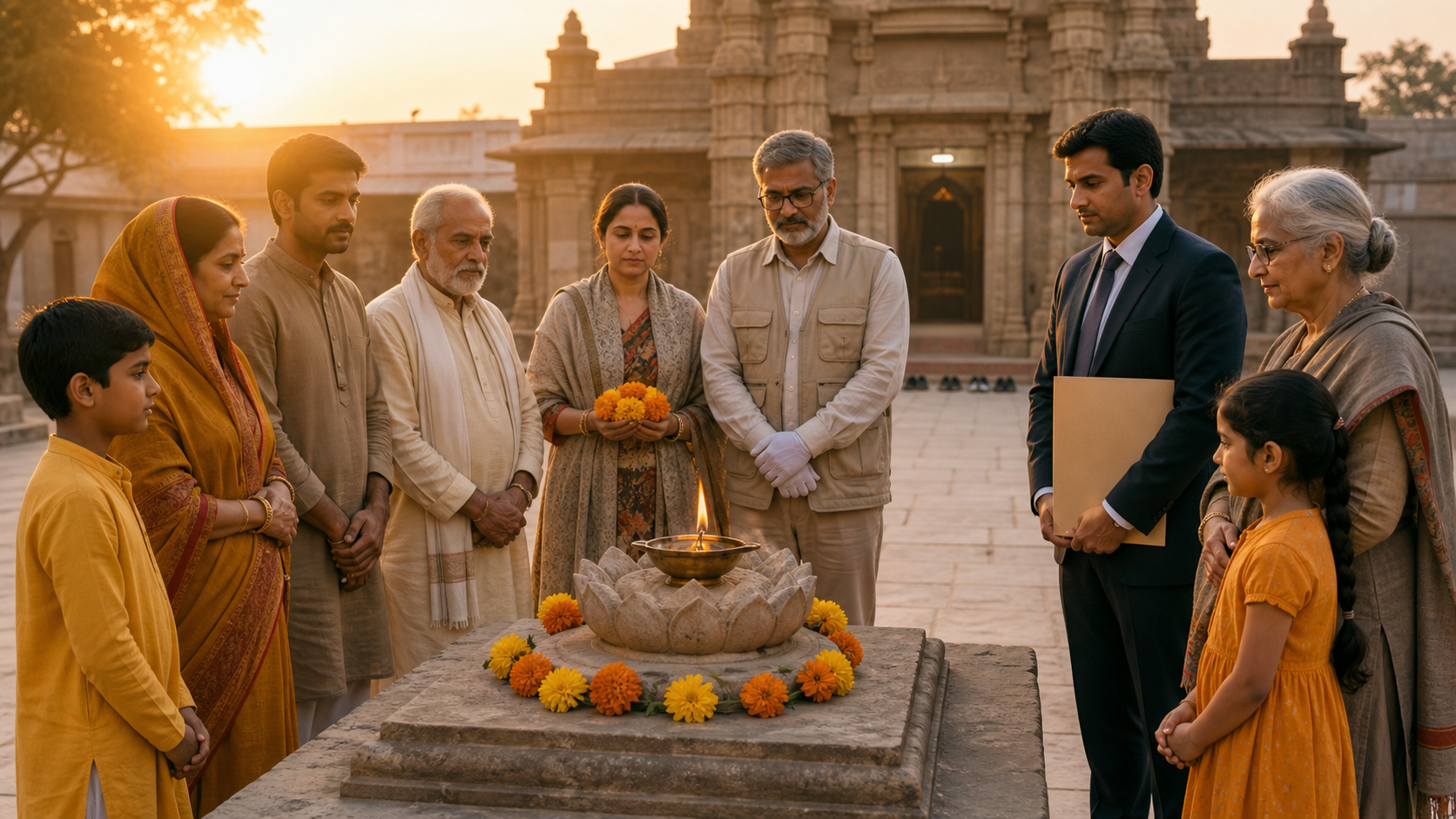 Hindu devotees and civic advocates stand calmly around a raised brass lamp, marigolds, and carved lotus in a sunlit temple courtyard.