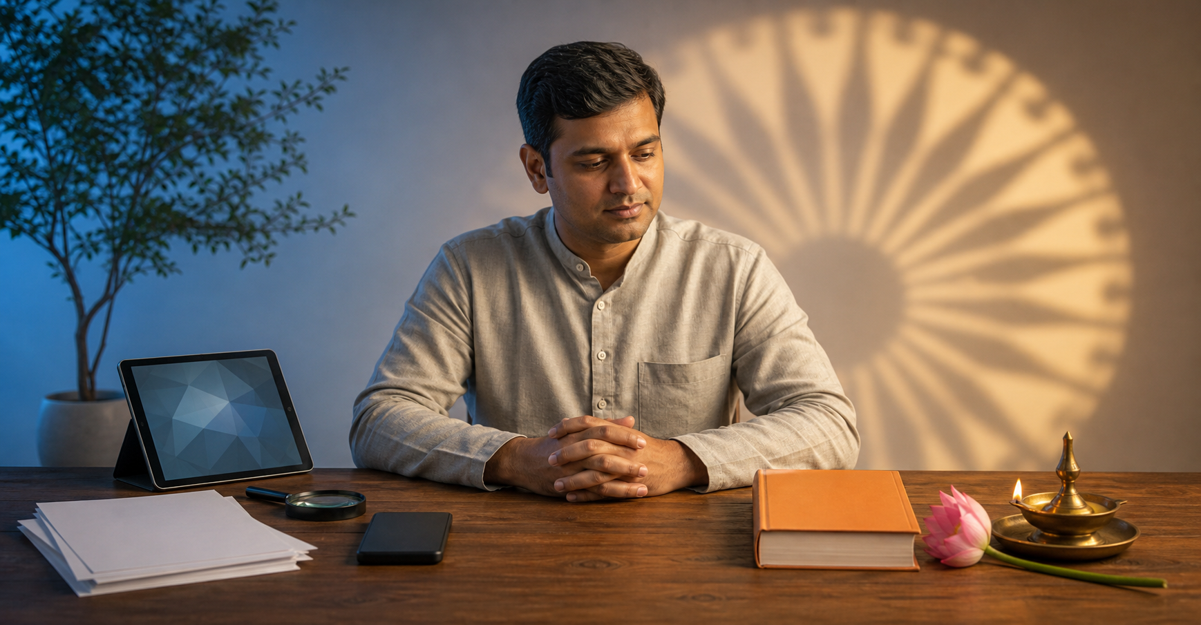 A person sits between modern research tools and an unmarked saffron book with an oil lamp and lotus on a wooden table.
