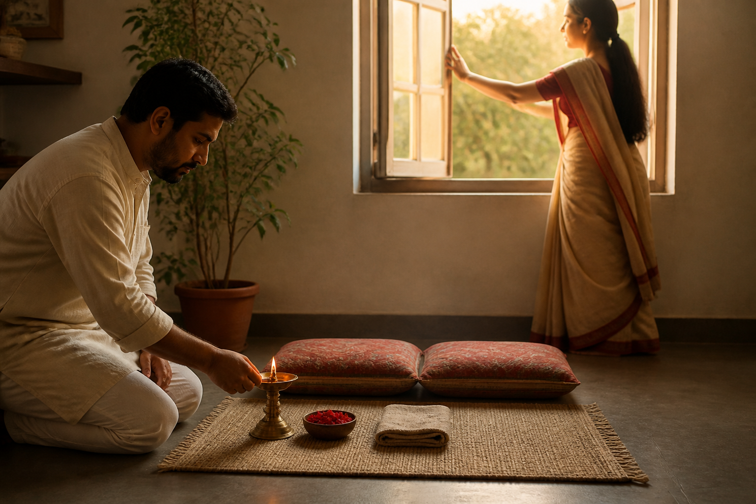 Two people prepare a quiet home practice with a brass lamp, red flowers, and cushions in morning light.