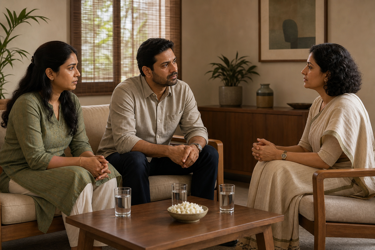 An Indian couple speaks with a counselor while seated in a quiet room around a low table.