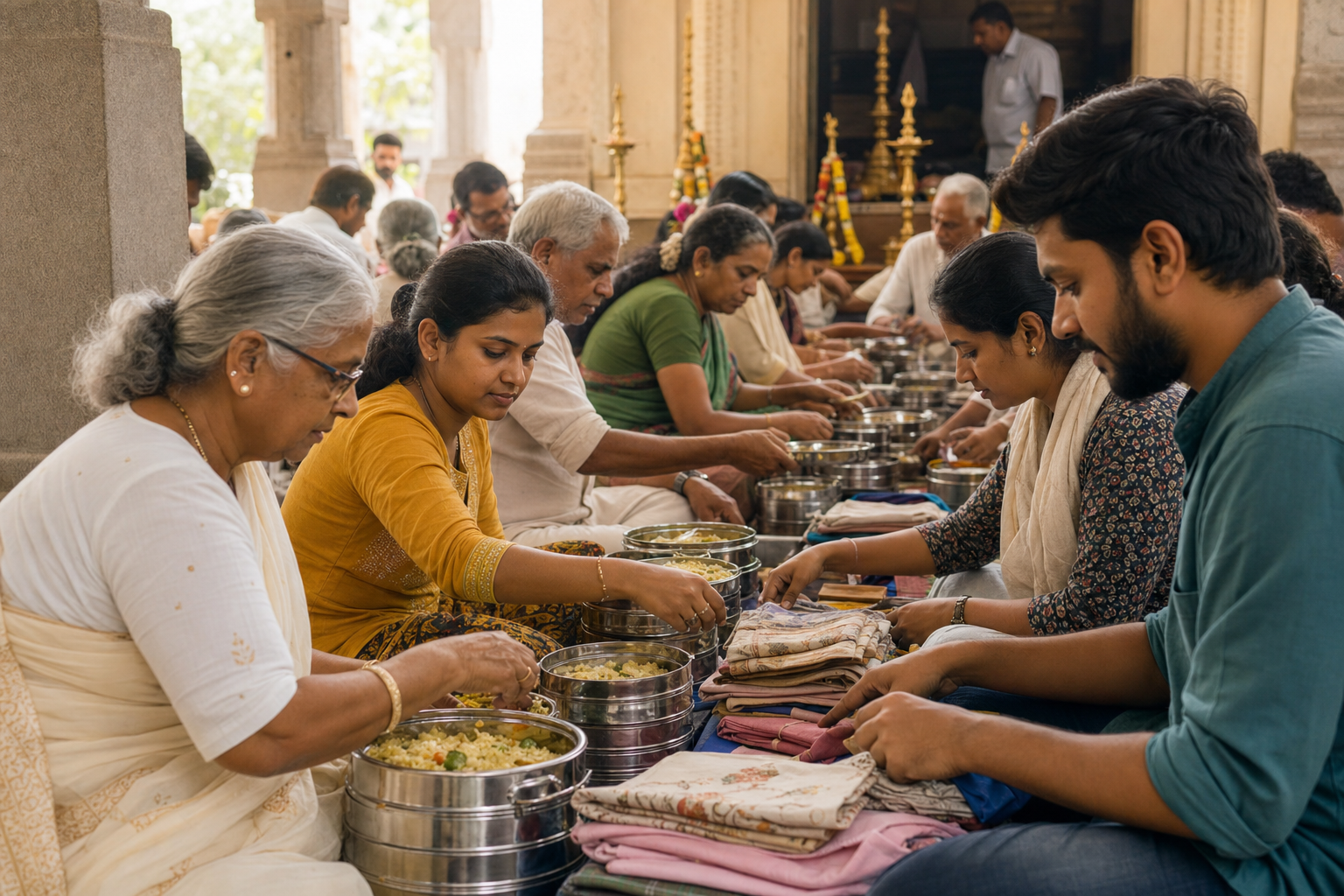 Volunteers of different ages prepare vegetarian meals and folded cloth donations in a temple community hall.