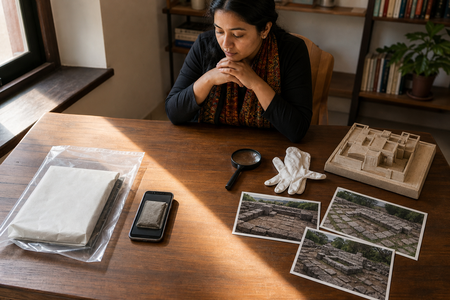 An advocate examines a protected consumer product and a separate collection of archaeological photographs and conservation tools at an evidence table.