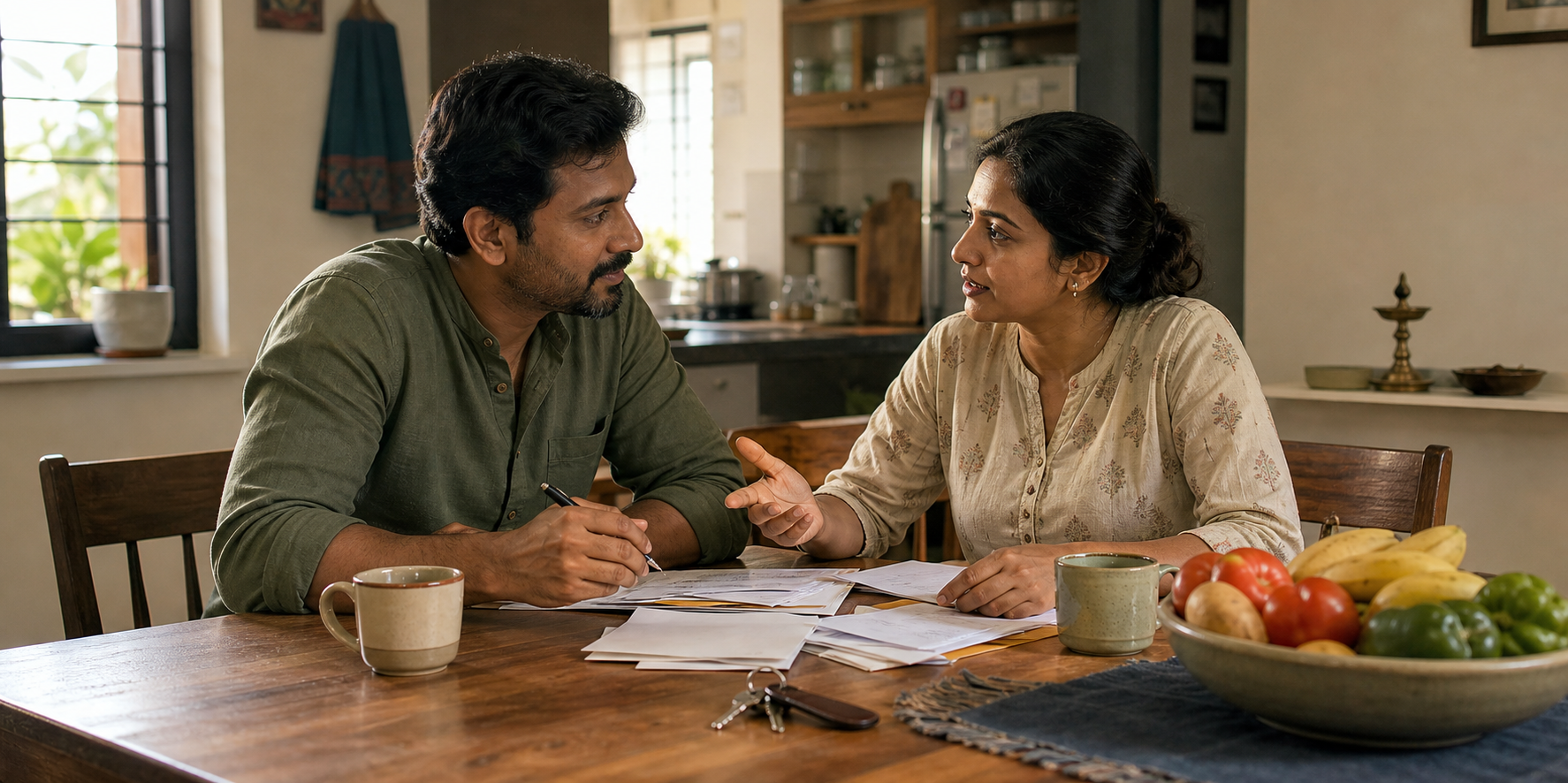A couple calmly discusses household matters at a kitchen table with keys, cups, groceries, and papers nearby.