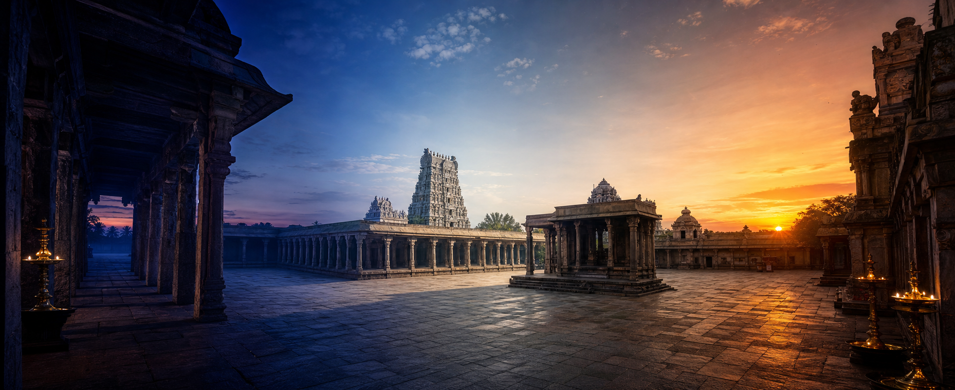 One temple courtyard is shown in predawn blue light, bright midday sun, and an oil-lamp-lit sunset.