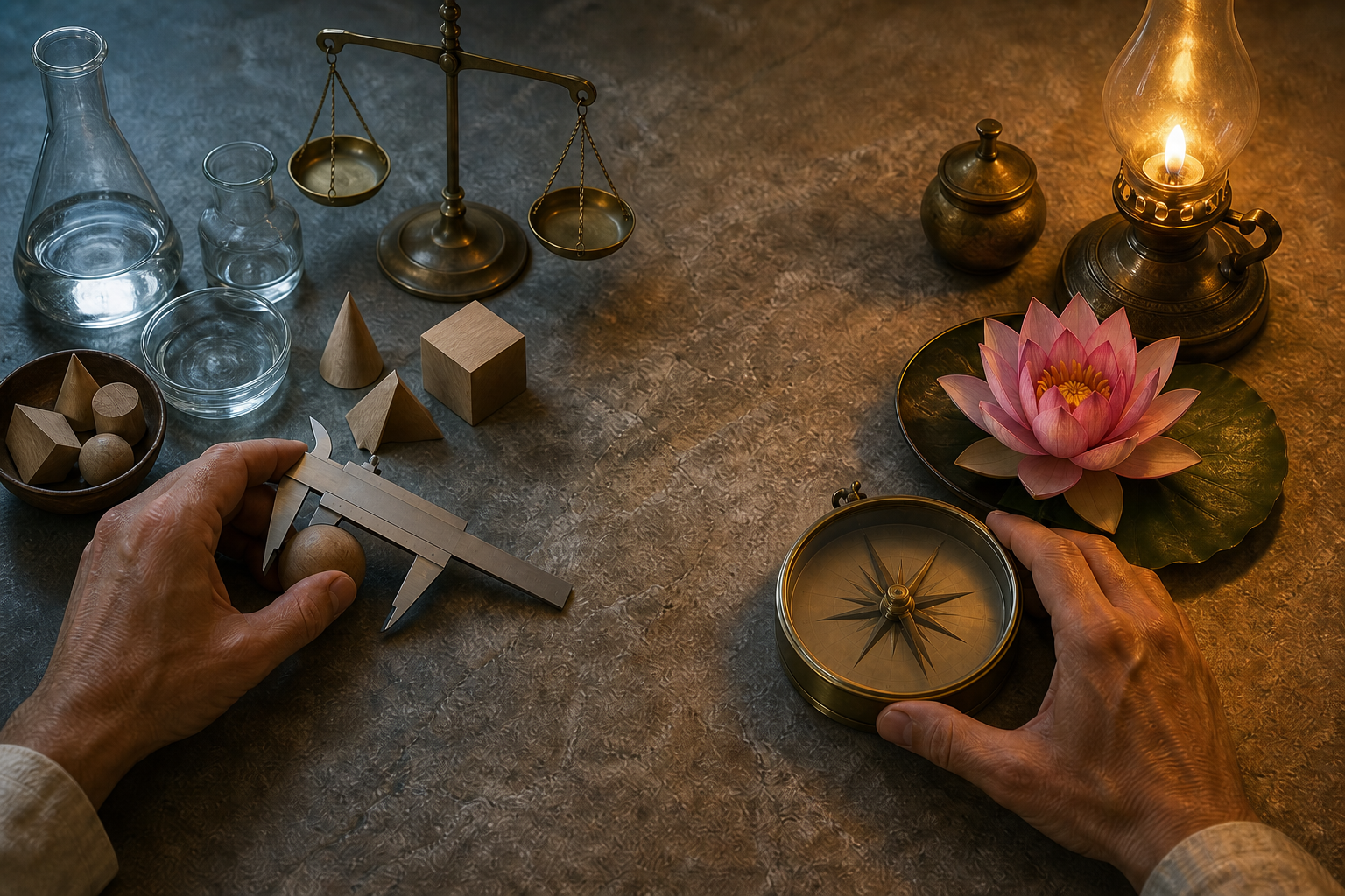 Hands use measuring tools beside a brass compass, oil lamp, and lotus on a shared worktable.