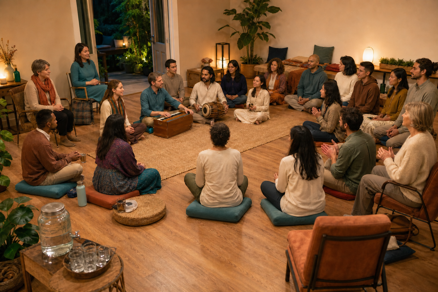 A welcoming kirtana circle offers floor cushions, chairs, an open aisle, and space for both singers and quiet listeners.