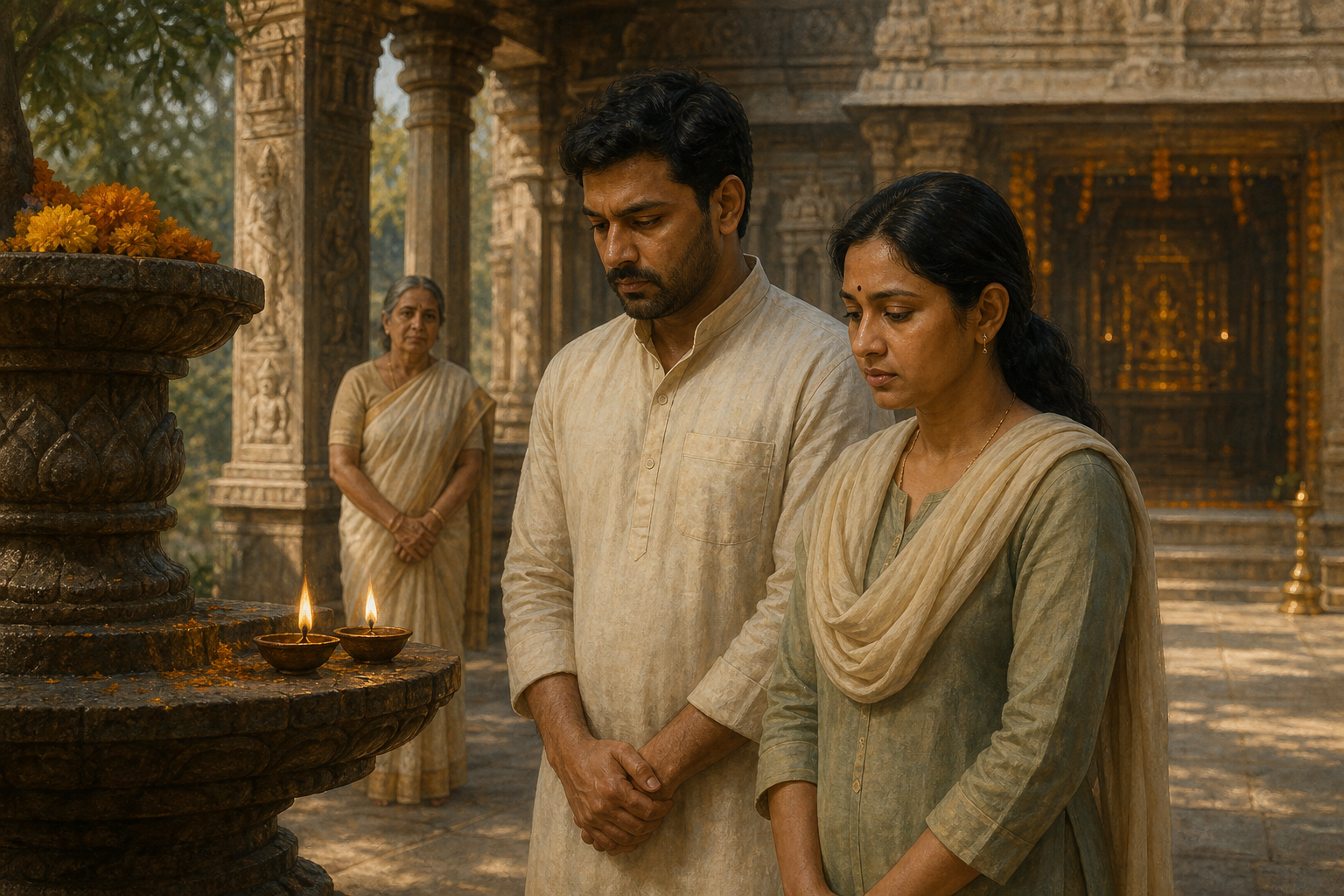 A serious-looking Indian couple lights oil lamps in a Hindu temple courtyard while an older woman waits nearby.