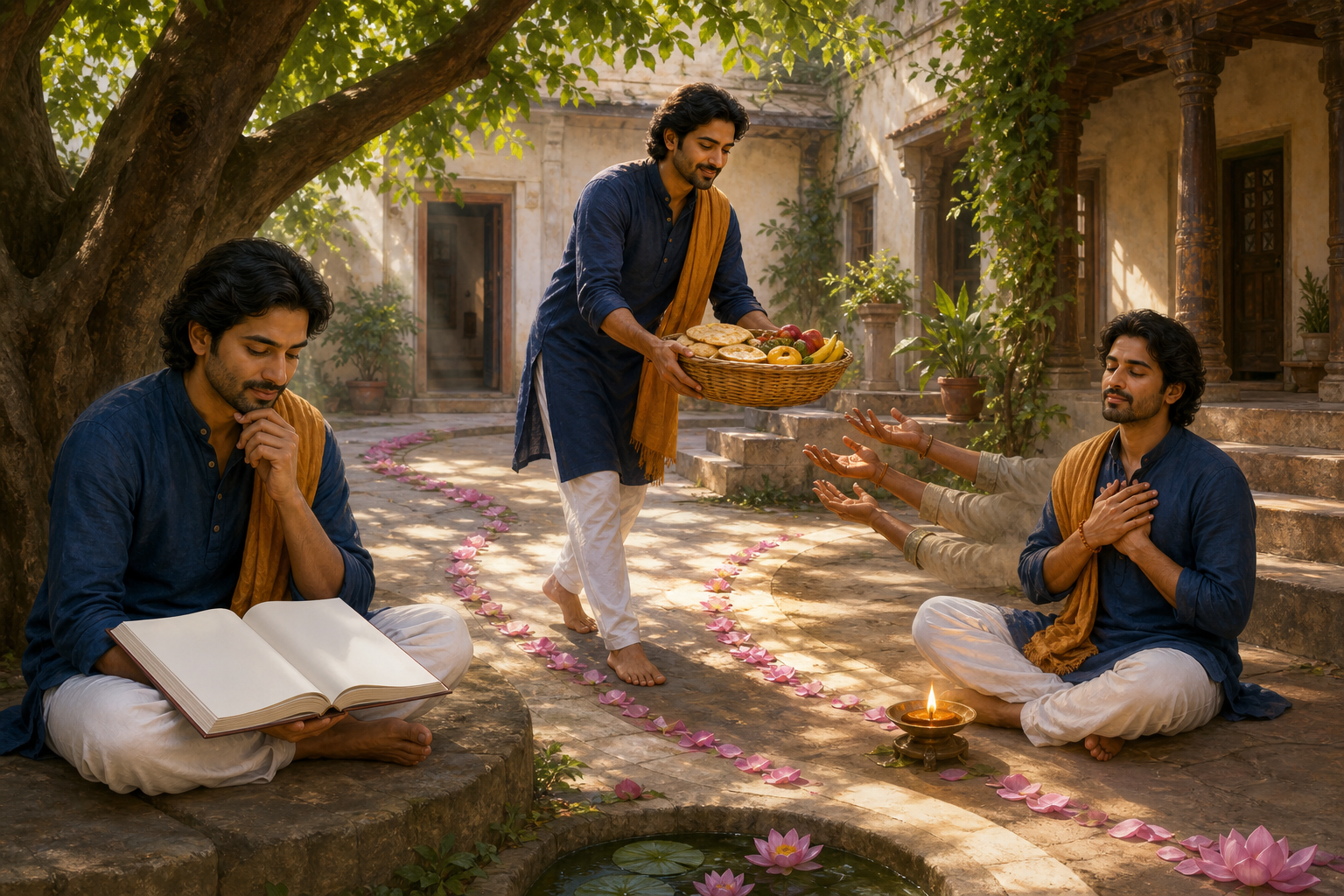 One person appears reading, serving food, and sitting beside an oil lamp in three connected courtyard scenes.
