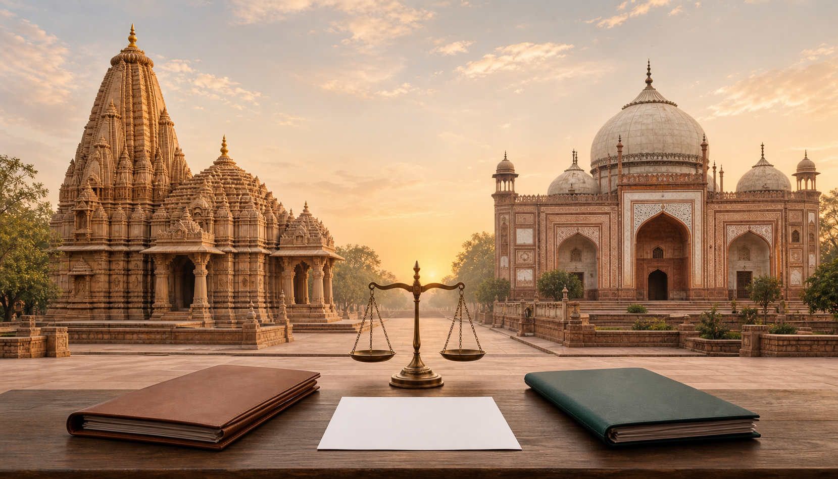 Editorial illustration of a temple spire and a domed prayer hall on opposite sides of a sandstone setting, with legal folders and a balance scale on a table in the foreground.