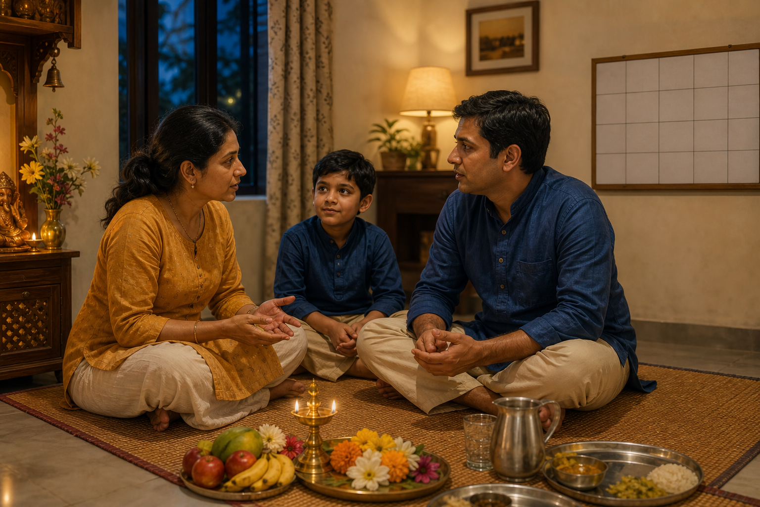 An Indian couple and their child sit together beside a lit lamp and a simple home shrine during an evening household routine.