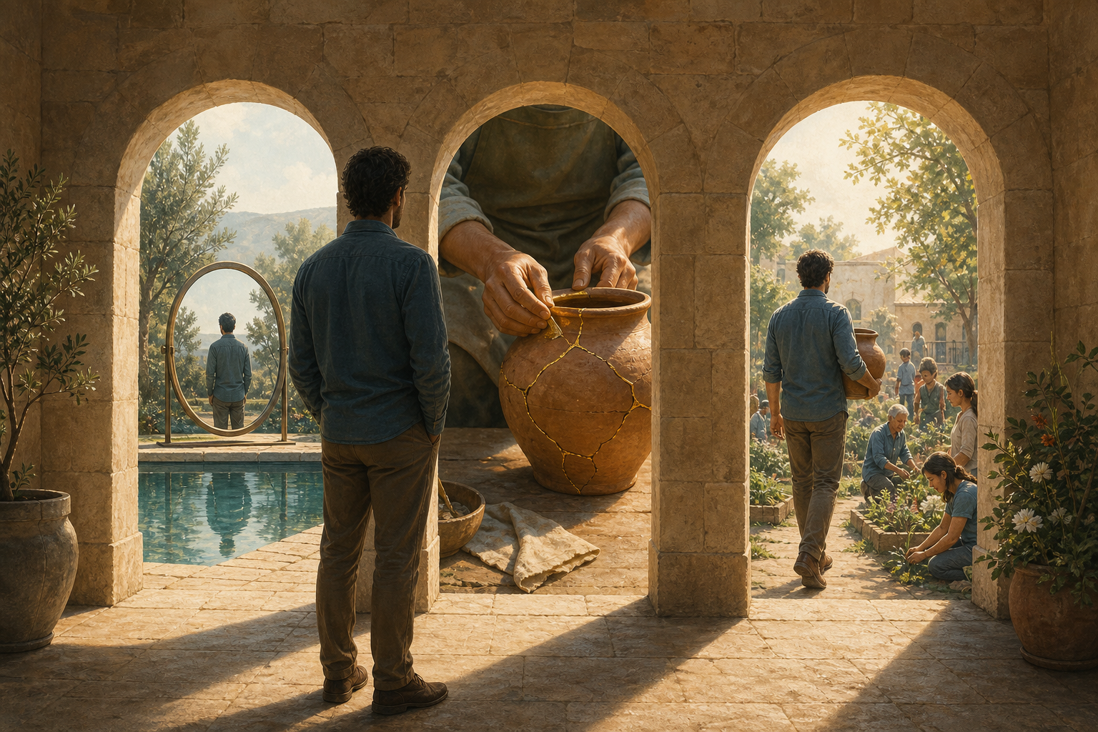 A person faces three archways containing a mirror, hands repairing a clay vessel, and a sunlit community garden.