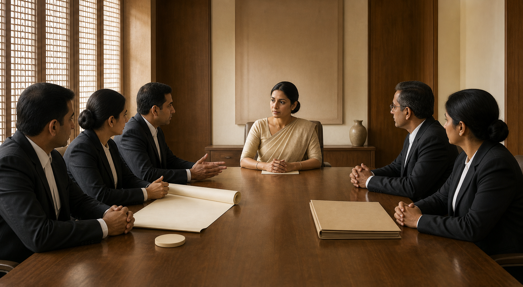 Two groups of legal representatives sit across a conference table with a mediator, a site plan, and closed case files, without shaking hands.