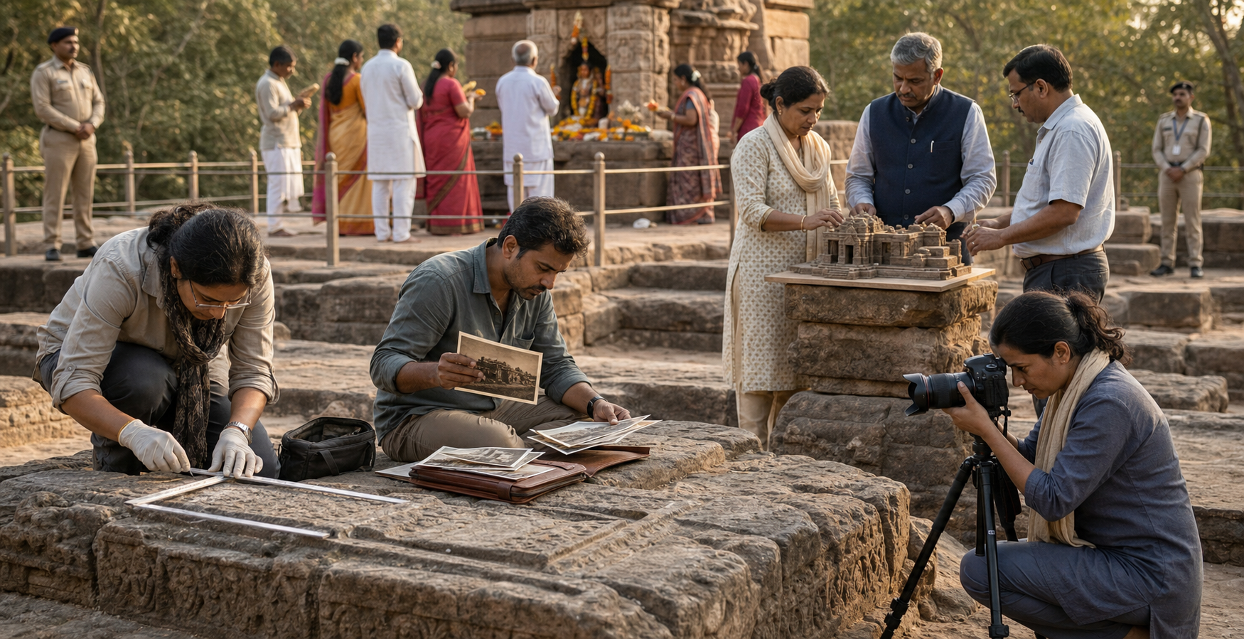 Archaeologists and civic representatives document stone foundations while worshippers offer flowers at a protected shrine area in the background.