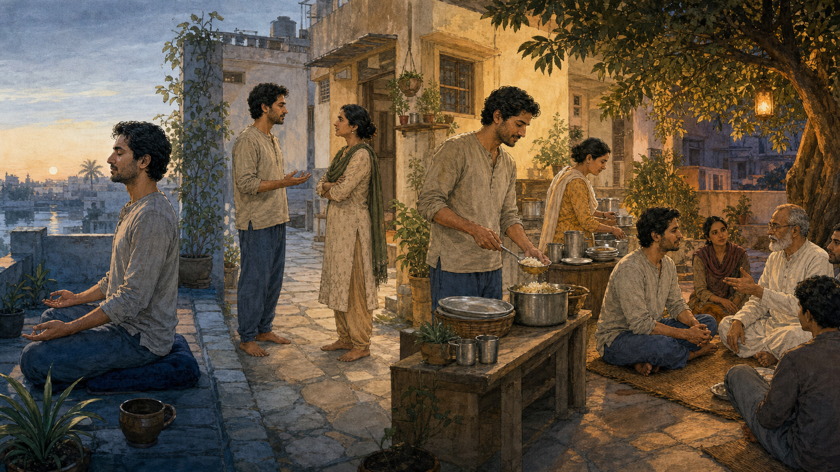 A continuous day scene shows one person meditating, handling a difficult conversation, serving food, and joining an evening study circle.